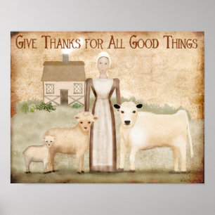 Thanksgiving Folk Art Pilgrim hostess gift favour Poster