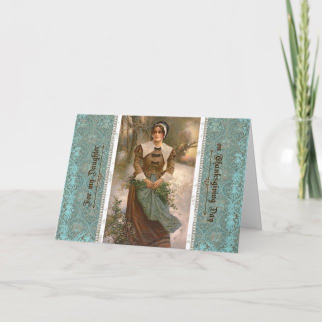 Thanksgiving for Daughter Pilgrim Woman in Winter Holiday Card (Front)