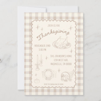 Thanksgiving Gingham Tan Neutral Aesthetic Invitation