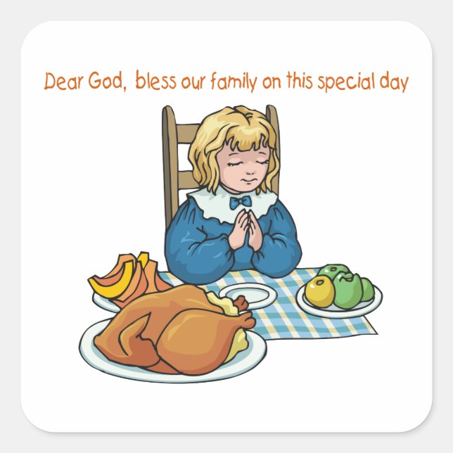 Thanksgiving girl saying prayer square sticker (Front)