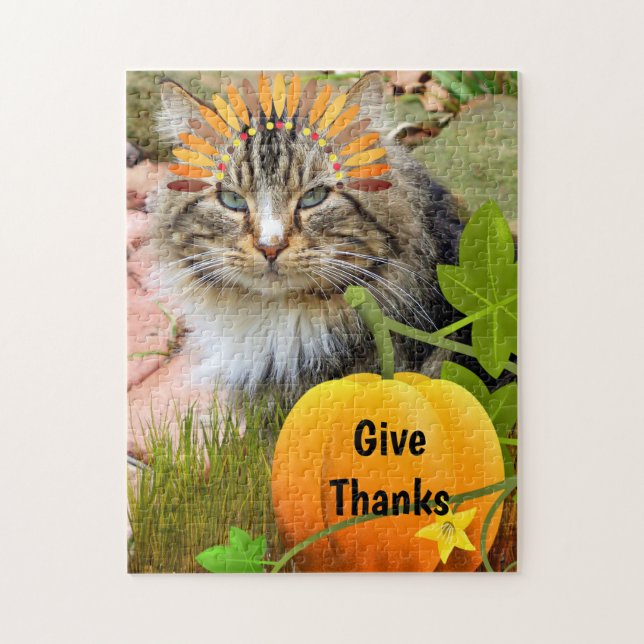 Thanksgiving "Give Thanks" Cute Cat and Pumpkin  J Jigsaw Puzzle (Vertical)