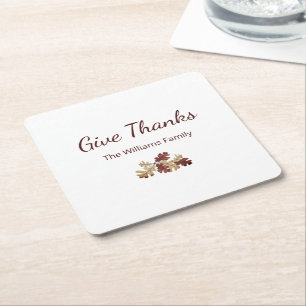 Thanksgiving Give Thanks Fall Foliage Autumn Square Paper Coaster