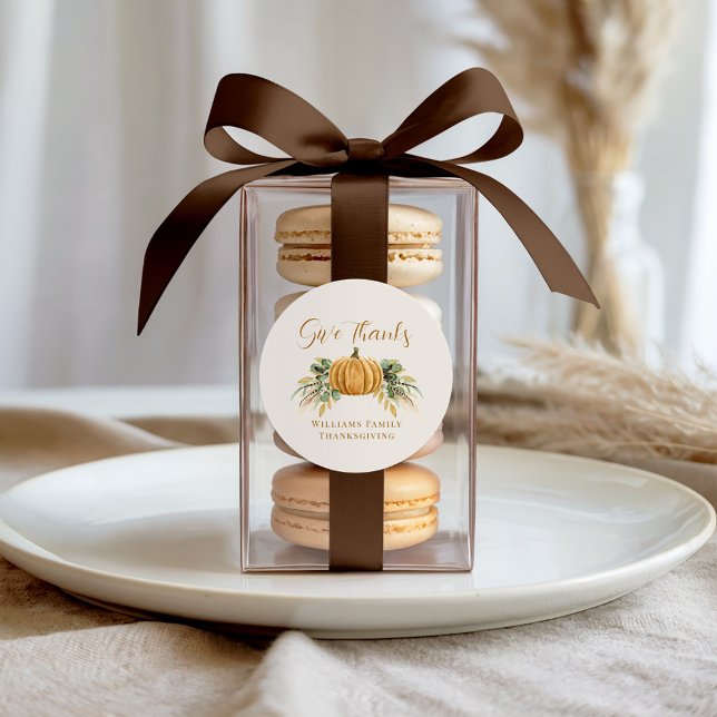 Thanksgiving Give Thanks Orange Pumpkin Classic Round Sticker (Creator Uploaded)