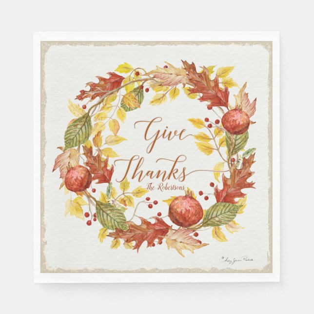 Thanksgiving Give Thanks Pomegranate Fall Leaves Napkin (Front)