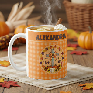 Thanksgiving Give Thanks To The Lord Orange Plaid Coffee Mug