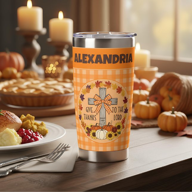 Thanksgiving Give Thanks To The Lord Orange Plaid Insulated Tumbler (Creator Uploaded)
