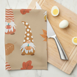 Thanksgiving Gnomes with Autumn Leaves   Tea Towel