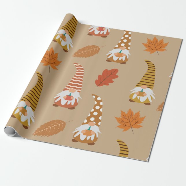 Thanksgiving Gnomes with autumn leaves    Wrapping Paper (Unrolled)