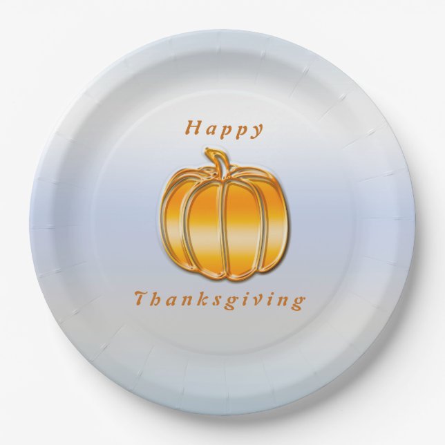 Thanksgiving Golden Pumpkin on Silver Background Paper Plate (Front)