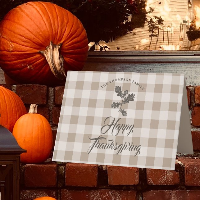 Thanksgiving Gratitude Family Name Taupe Plaid Holiday Card (Thanksgiving Gratitude Family Name Taupe Plaid Holiday Card)