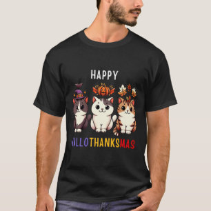 Thanksgiving Halloween Christmas Cats Happy Hallot T-Shirt