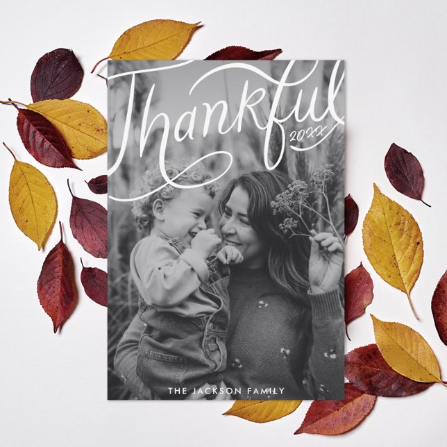 Thanksgiving hand-lettered thankful photo holiday card (Creator Uploaded)