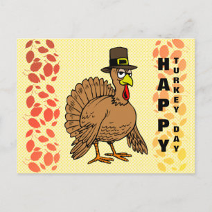 Thanksgiving Happy Turkey Day Cute Pilgrim Cartoon Holiday Postcard