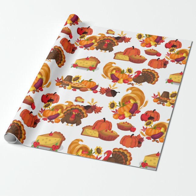 Thanksgiving Happy Turkey Day Pumpkin pattern gift Wrapping Paper (Unrolled)