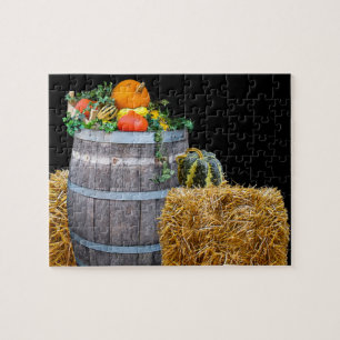 Thanksgiving Harvest Scene with Barrel and Produce Jigsaw Puzzle