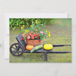 Thanksgiving Harvest Scene with Wheelbarrow Holiday Card