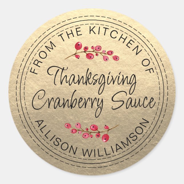 Thanksgiving Homemade Cranberry Sauce Gold Classic Round Sticker (Front)