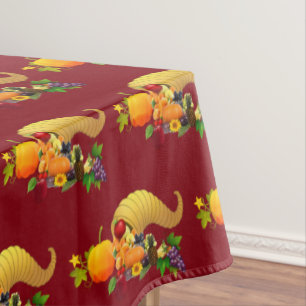 Thanksgiving Horn of Plenty on Maroon Tablecloth