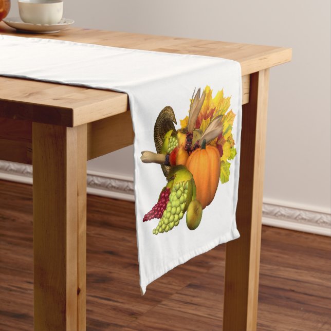 Thanksgiving Horn of Plenty On White Medium Table Runner (In Situ)