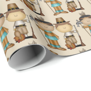 Thanksgiving Indian and Pilgrim wrapping paper