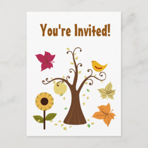 Thanksgiving invitation postcard. fall tree, bird postcard