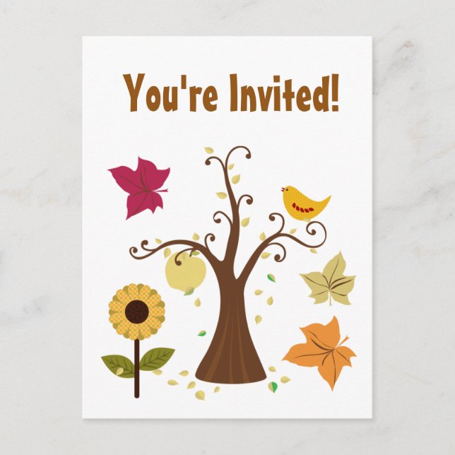 Thanksgiving invitation postcard. fall tree, bird postcard (Front)