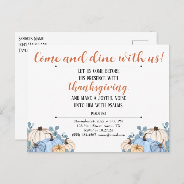 Thanksgiving Invitation Scripture Pumpkin Patch Postcard (Front/Back)