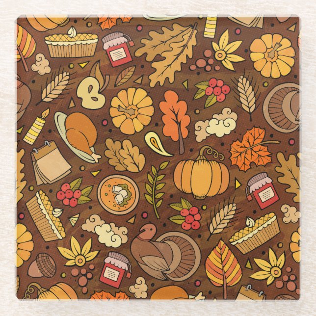 Thanksgiving items: cartoon colourful pattern. glass coaster (Front)