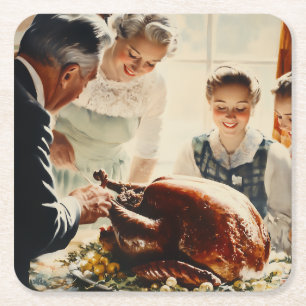 Thanksgiving Joy: A Family Feast Square Paper Coaster