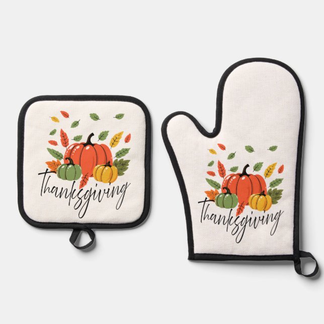 Thanksgiving Leaves and Pumpkin in Autumn colours Oven Mitt & Pot Holder Set (Front)