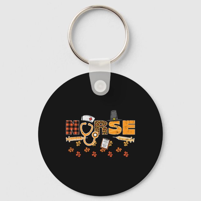 Thanksgiving Leopard Plaid Nurse Fall Scrub Top RN Key Ring (Front)