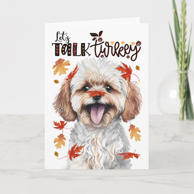 Thanksgiving Maltipoo Let's Talk Turkey Holiday Card (Front)