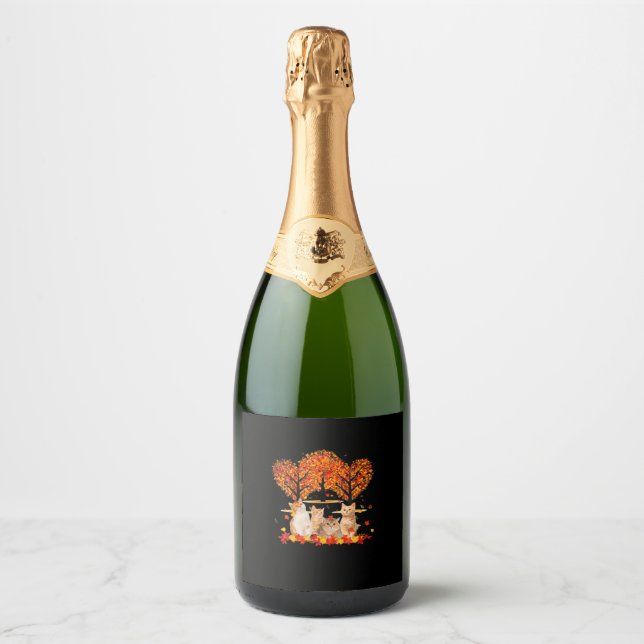Thanksgiving Maple Cat Heart Shape Tree Leaf Sparkling Wine Label (Front)