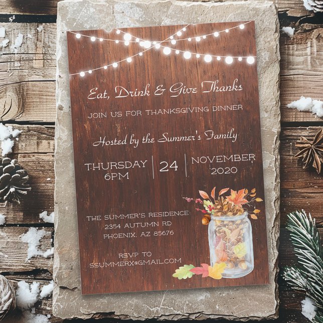 Thanksgiving Mason Jar Lights Wood Rustic Invitation (Creator Uploaded)