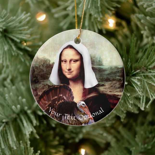 Thanksgiving Mona Lisa Pilgrim with Turkey Ceramic Ornament (Tree)