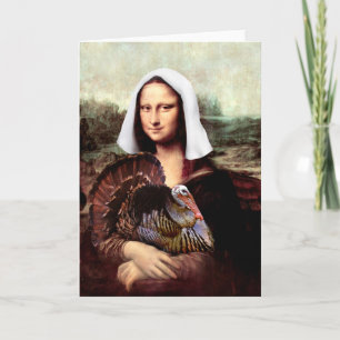 Thanksgiving Mona Lisa Pilgrim with Turkey Holiday Card