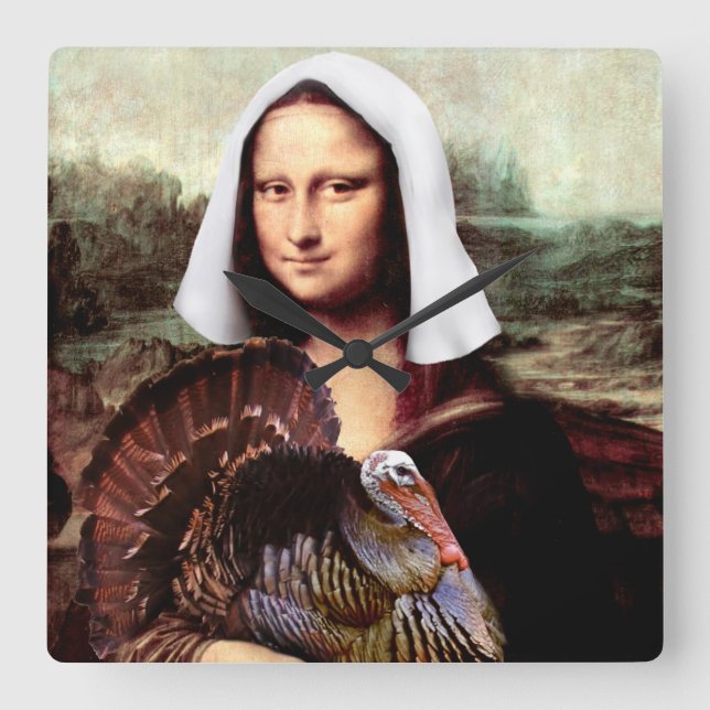 Thanksgiving Mona Lisa Pilgrim with Turkey Square Wall Clock (Front)