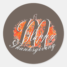 Thanksgiving Monogram Autumn Pumpkin Leaves Classic Round Sticker