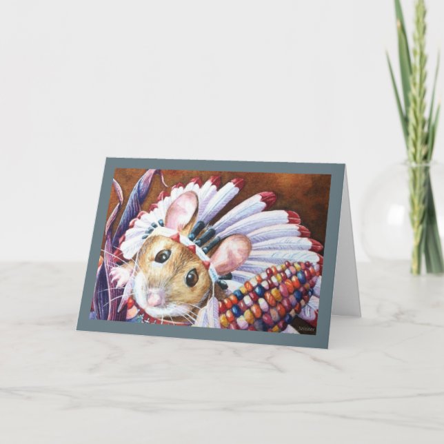 Thanksgiving Native American Mouse Watercolor Art Card (Front)
