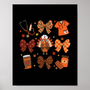 Thanksgiving Nurse Fall Turkey Bow Medical Scrubs Poster