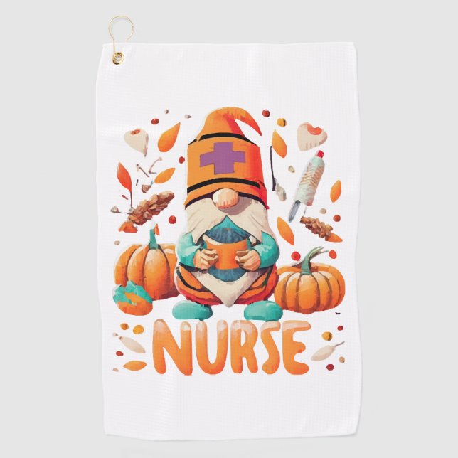 Thanksgiving Nurse Gnomes Fall Scrub Golf Towel (Front)