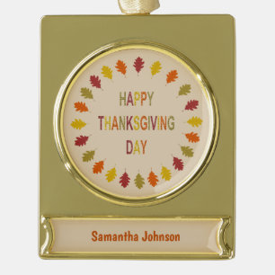 Thanksgiving Oak Leaves Custom Name Gold Plated Banner Ornament