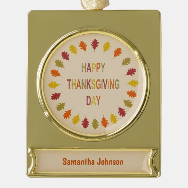 Thanksgiving Oak Leaves Custom Name Gold Plated Banner Ornament (Front)