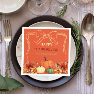 Thanksgiving orange pumpkin bow hand-drawn napkin