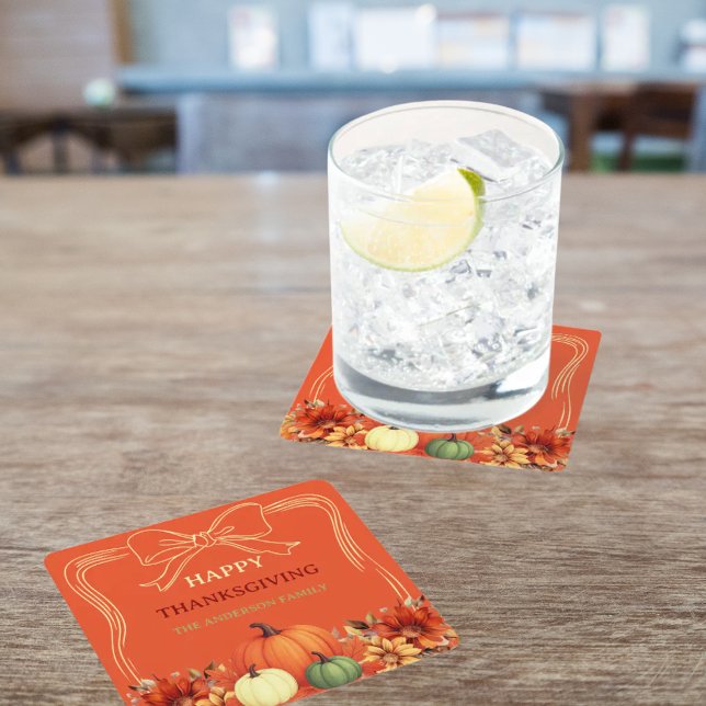 Thanksgiving orange pumpkin bow hand-drawn square paper coaster (Creator Uploaded)