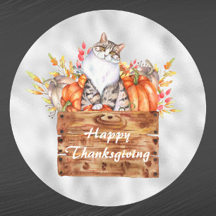 Thanksgiving Orange Pumpkins Cat Floral Classic Round Sticker