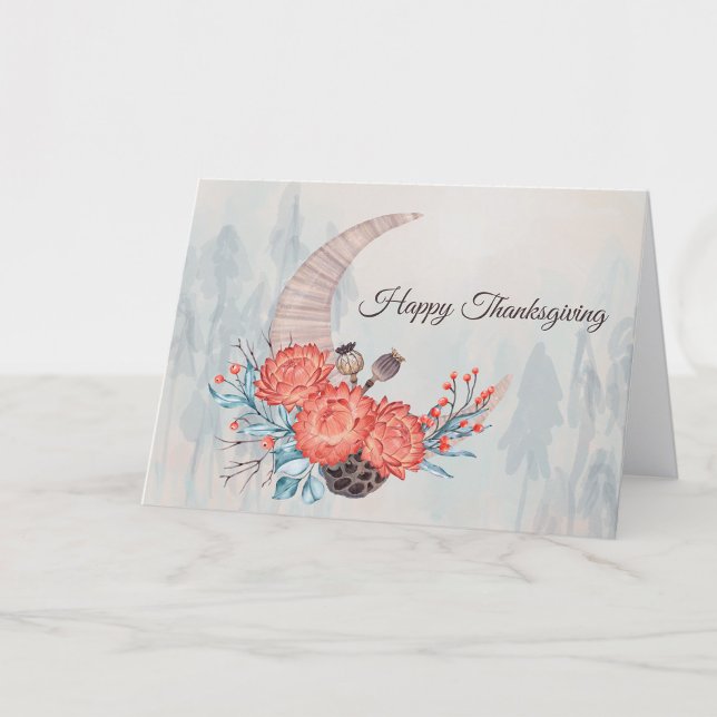 Thanksgiving Orange Strawflower Moon Floral Holiday Card (Creator Uploaded)
