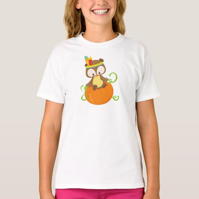 Thanksgiving Owl, Brown Owl, Feathers, Pumpkin T-Shirt (Front)