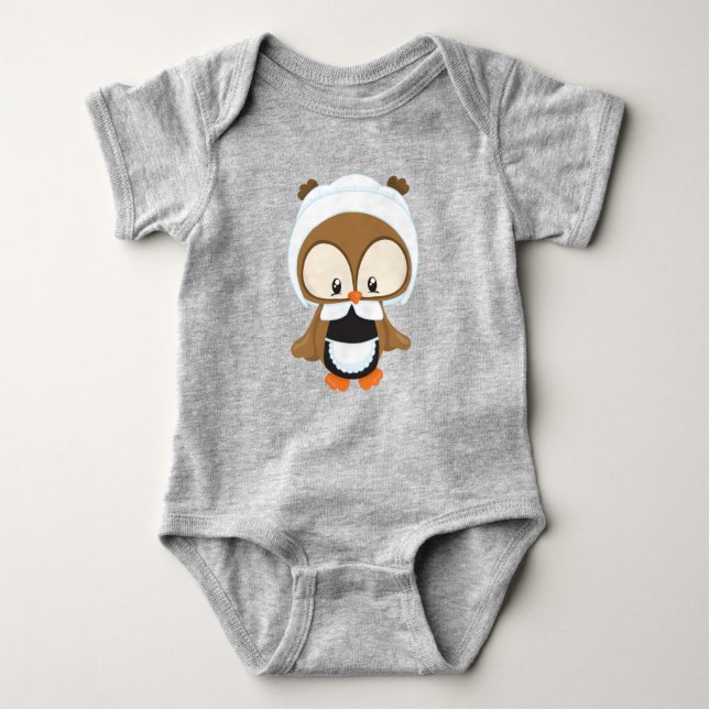 Thanksgiving Owl, Brown Owl, Pilgrim Bonnet Baby Bodysuit (Front)