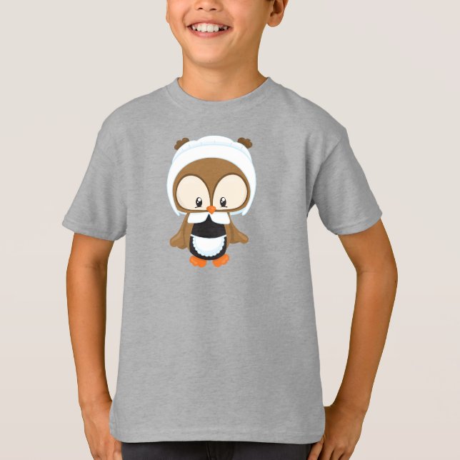 Thanksgiving Owl, Brown Owl, Pilgrim Bonnet T-Shirt (Front)